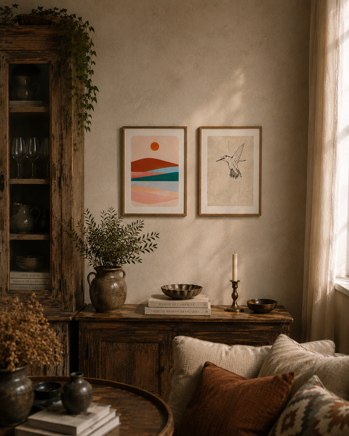 Plakat - Bjerglandskab: lyserød, grøn, orange