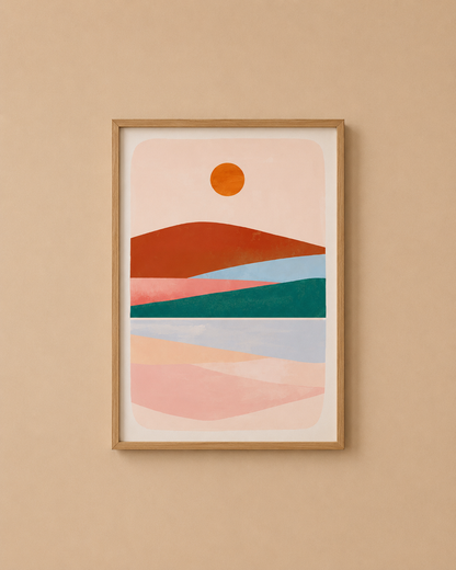 Plakat - Bjerglandskab: lyserød, grøn, orange
