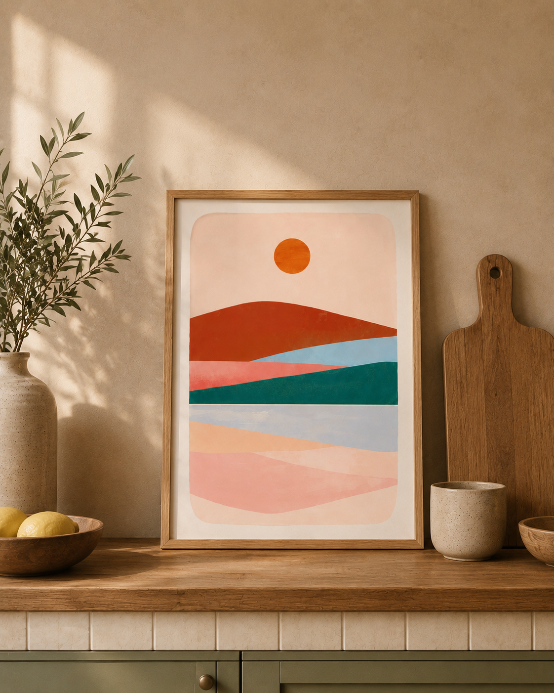 Plakat - Bjerglandskab: lyserød, grøn, orange