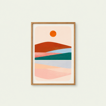 Plakat - Bjerglandskab: lyserød, grøn, orange